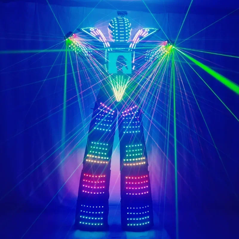 Stelzenwanderer Outfit LED Traje Roboter Kostüm Kleidung Leuchtende Anzugjacke Display Helm Laserhandschuhe Performance Bühne DJ