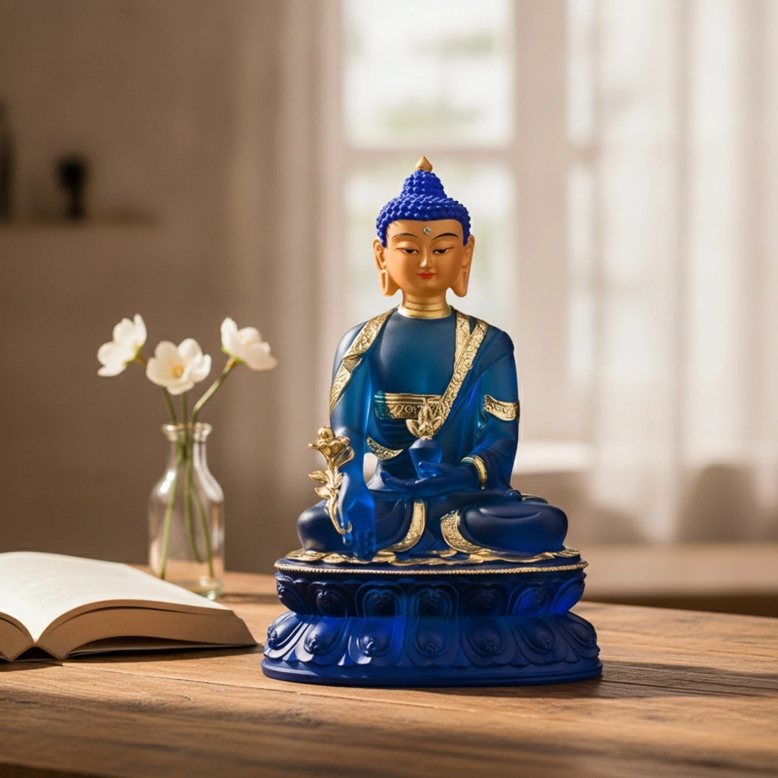 Medicine Buddha Figurine Resin Medicine Buddha Statue Seated Small for Buddhists, Prayer Space