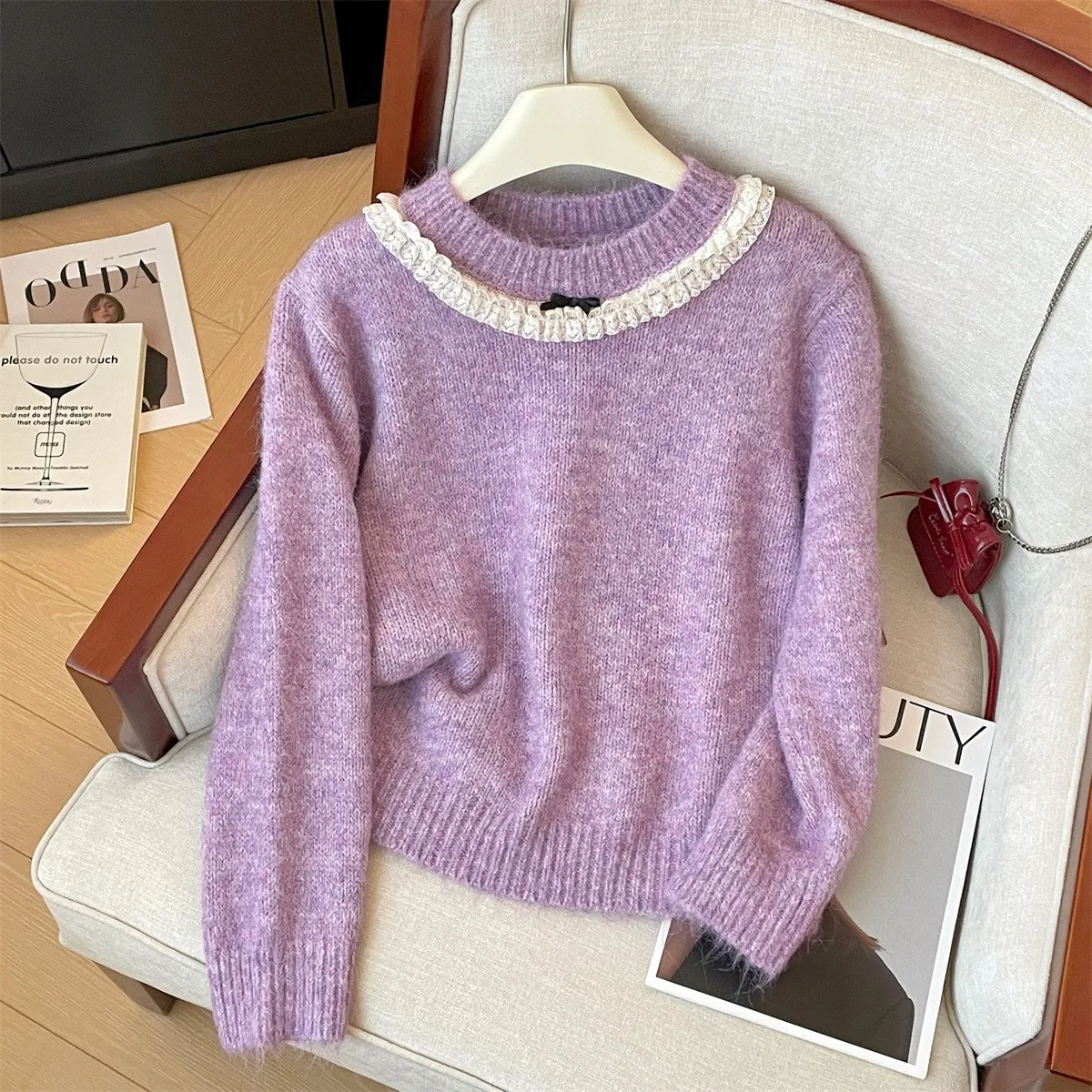 

Sweet Sle Purple Lace Trim Knitted Sweater Women Loose Autumn Winter Outerwear Soft Cozy Knot Knit Top Women