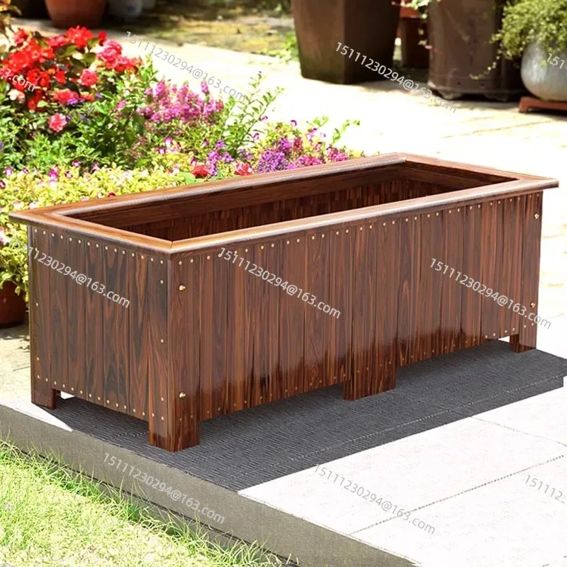 

Preservative wood flower box Outdoor planting box Garden rectangular wood flower slot Carbonized solid wood flower pot Balcony v