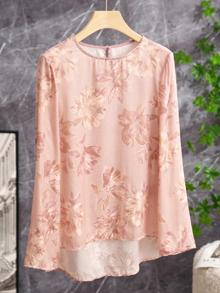 

New Chinese Sle National Trend Pink Floral Silk irt Silk Embroidery Soft Long Sve round Ne Women's Top