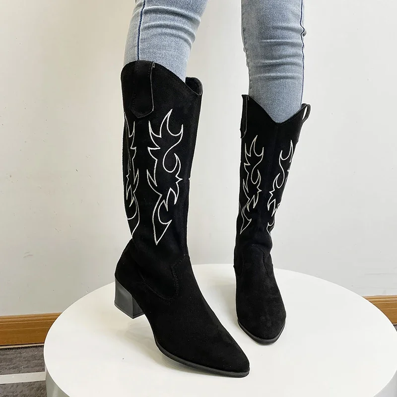 Embroidered Cowboy Boots for Women Knee High Midium Chunky Heel Pointed Toe Retro Classic Western Cowgirl Boots