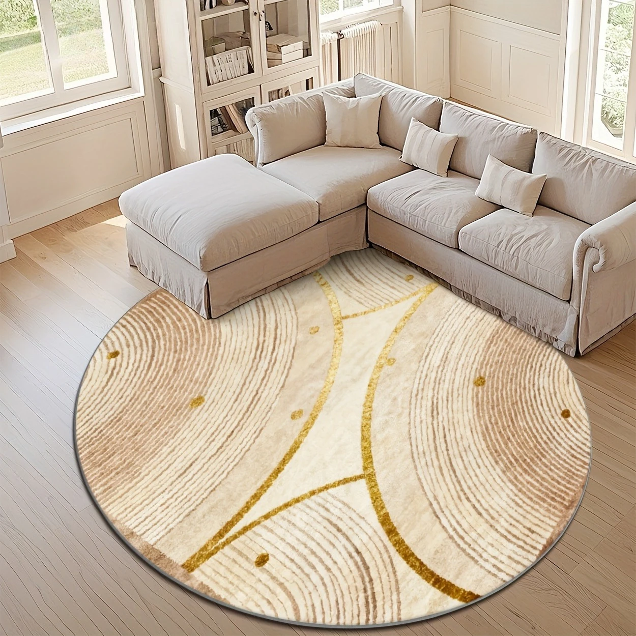 Minimalist White Ginkgo Leaf Round Rug  Neutral Brown Soft Circular Non Slip Floor Mat for Bedroom Living Room Modern Home Decor