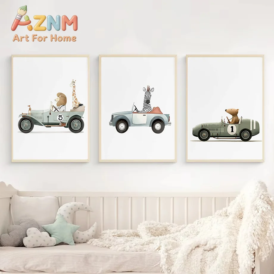 Watercolor Animal Driver  Poster Polar Bear Lion Rabbit Vintage Race Car Canvas Painting Print Wall Art Print Nursery Home Decor