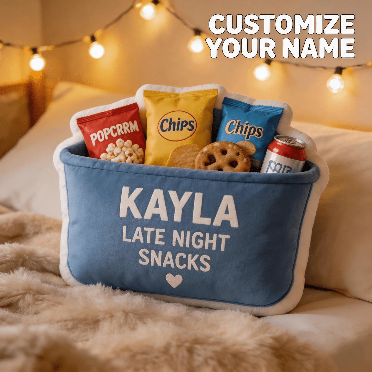 Custom Personalized Name Snack Basket Pillow, Blue Soft Storage Decorative Cushion, 70cm Large Size Accent Pillow for Sofa & Bed