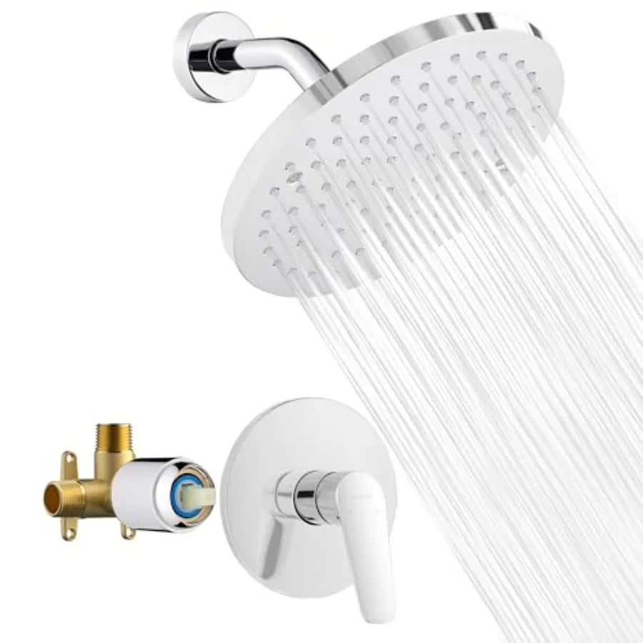 

Shower Head and Handle Set Single Spray Premium Wall Mount 8 Inch Polish Rainfall Round Shower Faucet with Rough-in Valve and T