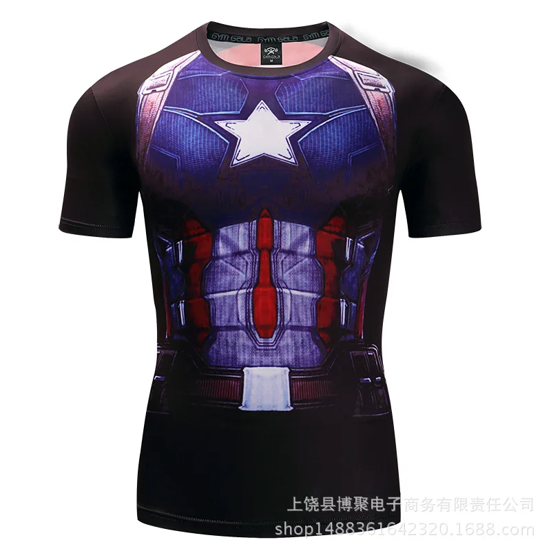 Miniso Short Sleeve Sport Shirt Men Superhero Captain America 3D Compression T Shirt Quick Dry Men\'s Running T-shirt Fitness