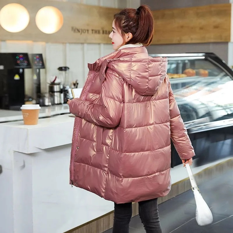 2023 New Women Down Cotton Coat Winter Jacket Female Mid Length Wash Away Brightening Face Parkas Loose Outwear Hooded Overcoat