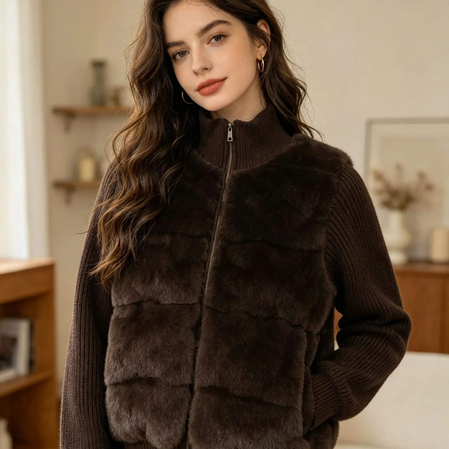 Women Knit‐Spliced Faux‐Mink‐Fur Padded Cropped Outerwear For Winter Street Office Commuter Daily Casual Wear Women's Jacket
