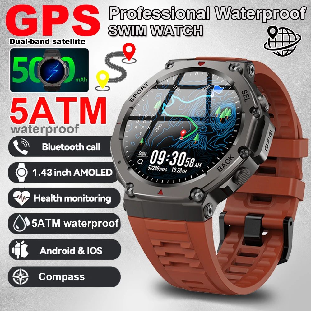 

Новые военные умные часы со встроенным GPS-компасом, высотомером, барометрическим 5 АТМ, IP69K, водонепроницаемые, AMOLED, Bluetooth, умные часы с вызовом, 2025 г.