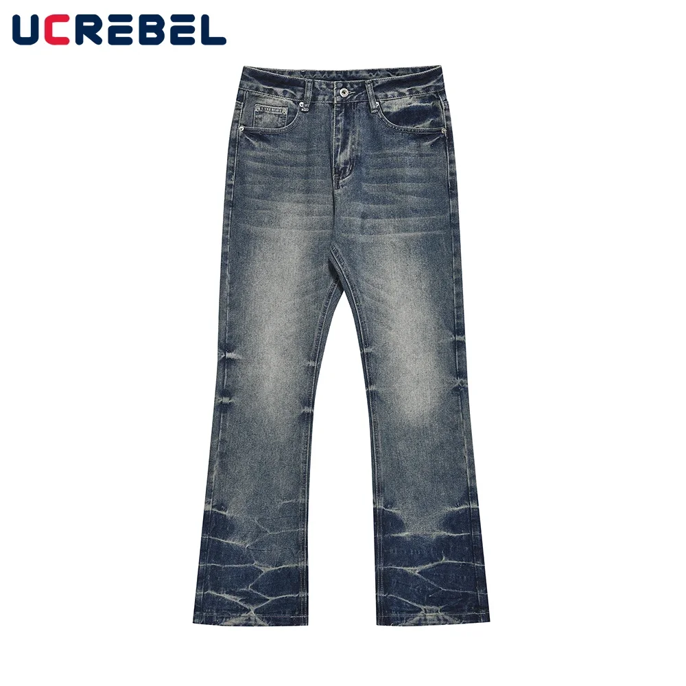 Washed Distressed Retro Blue Denim Pants Mens High Street Casual Flared Jeans Men Trousers