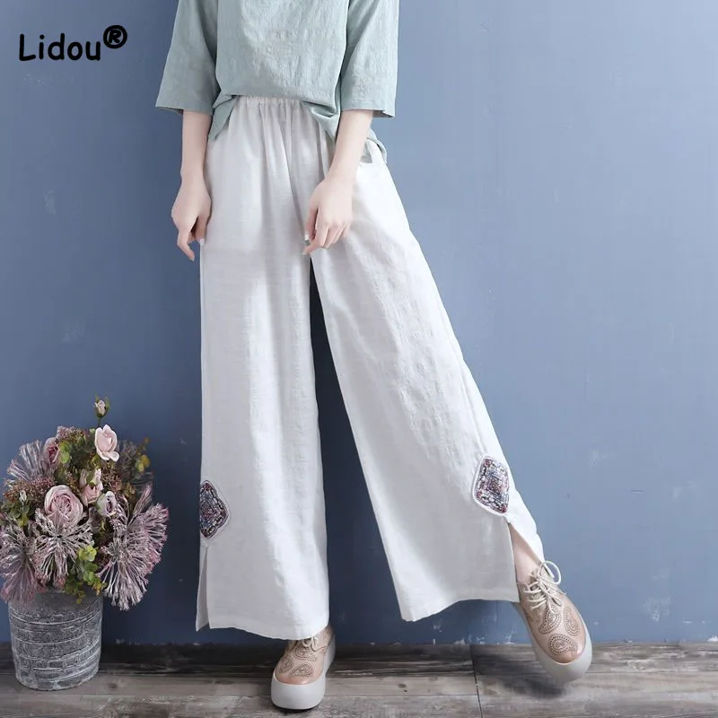 

Summer Vintage Elastic Waist Solid Color Embroidery Cropped Pants Fashion Women's Clothing Split Loose All-match Wide Leg Pants