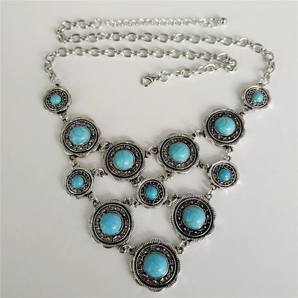 Boho étnico Vintage multicapa imitación turquesa Collar mujeres declaración india Collar grande babero gargantilla Collar joyería
