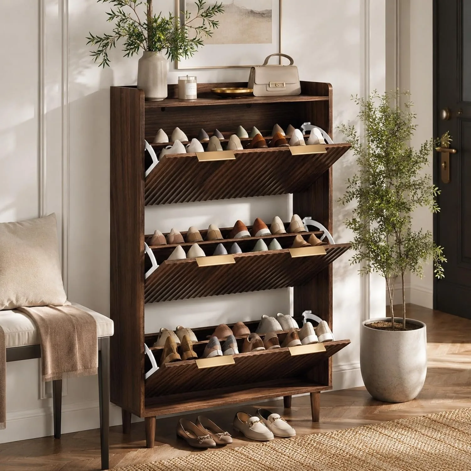 Narrow Freestanding Shoe Cabinet,Fluted Panels & 3 Flip Drawers Entryway Storage Organizer, Custom