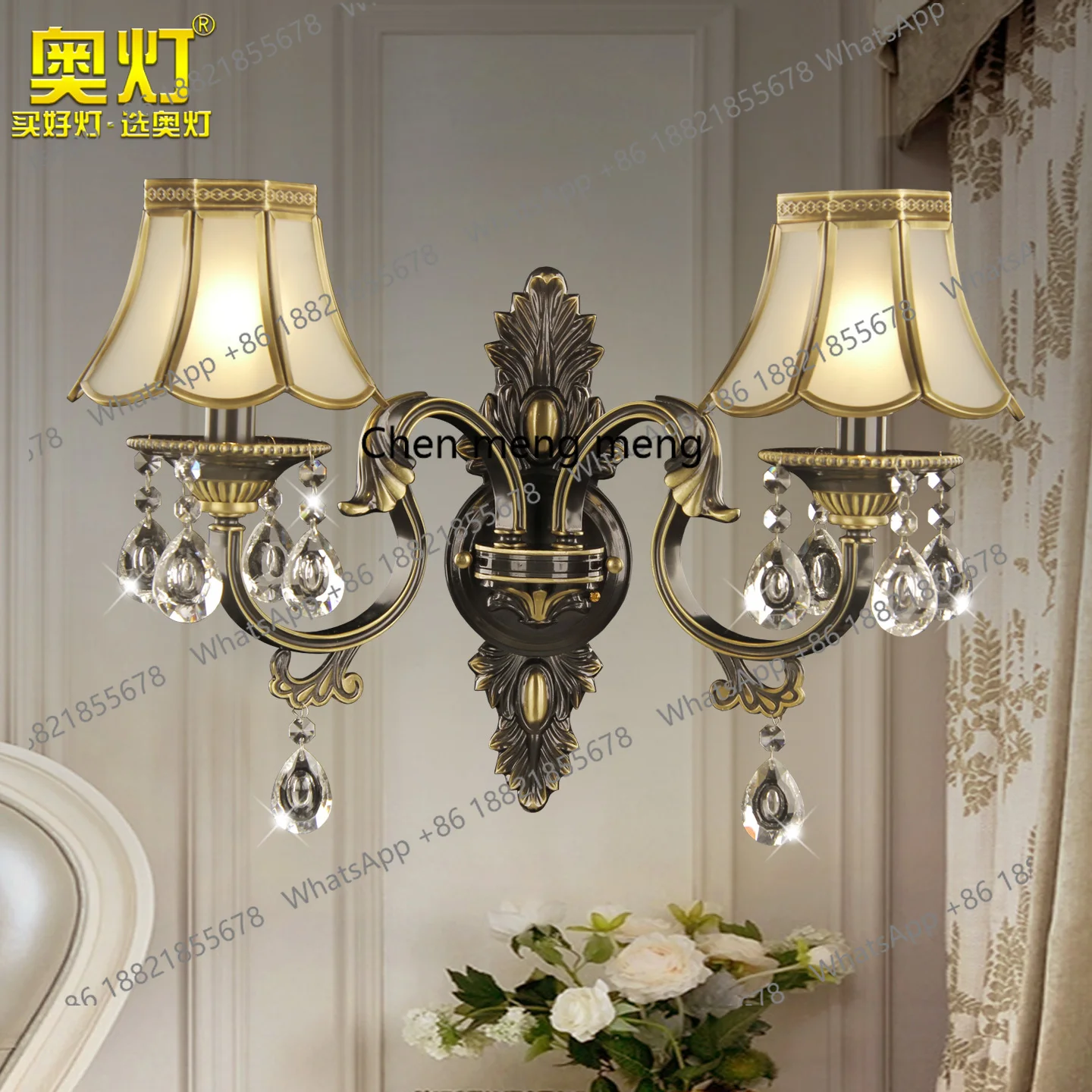 Tout cuivre noir or poli salon salle à manger lampe en cristal atmosphère européenne double tête escalier couloir applique murale