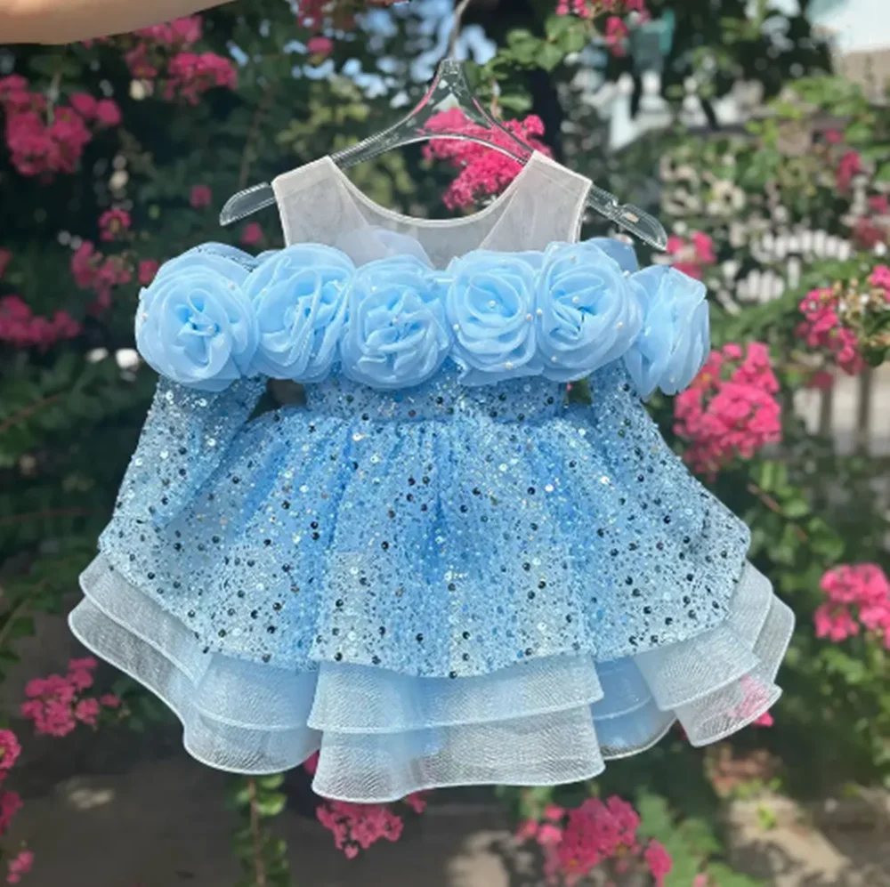 

Customized Lace Tulle Flower Girl Dresses For Wedding Sequins Puffy Full Sleeves Roses Lovely Kids Banquet Birthday Party Gown