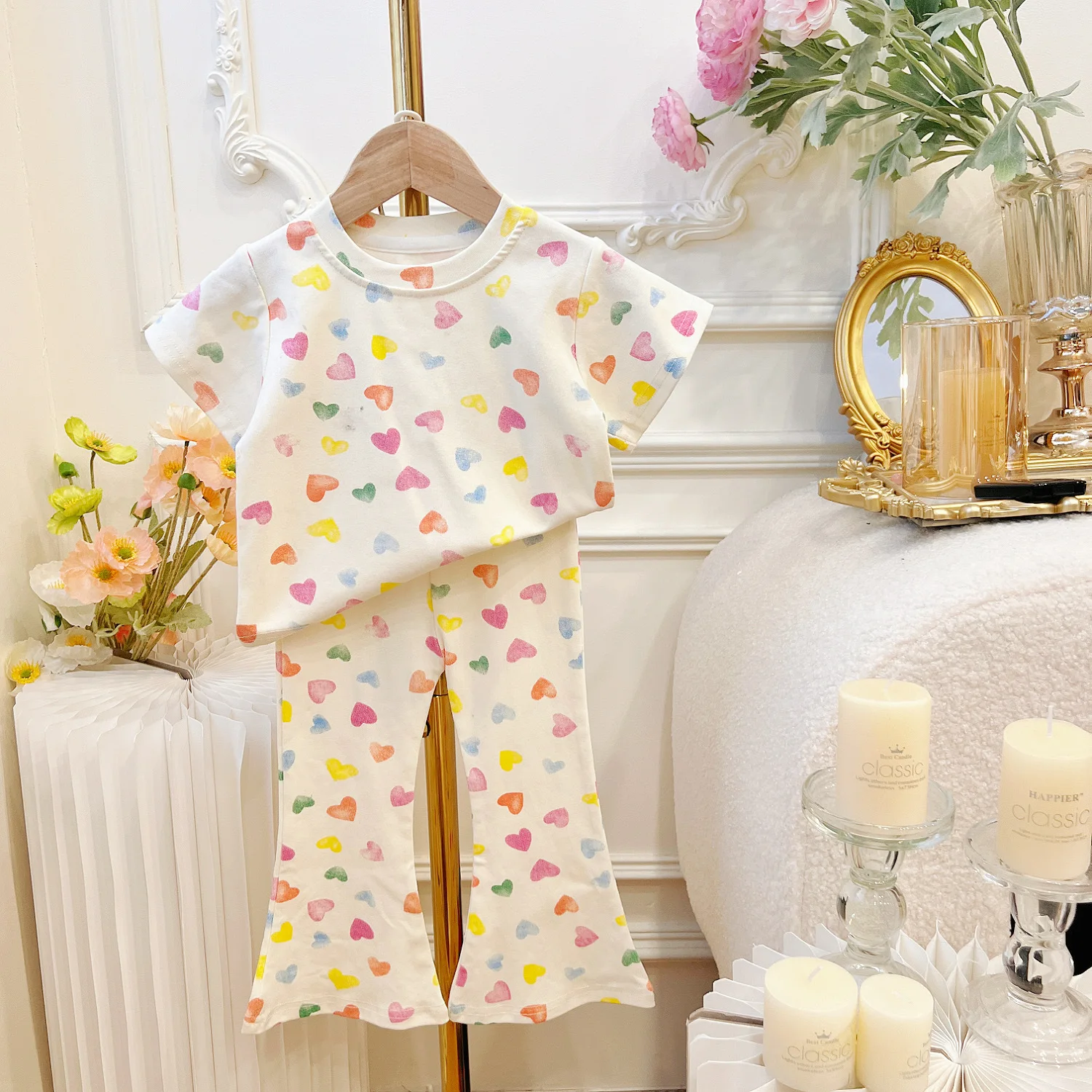 2026 New Summer Girls Colorful Heart Knitted 2 Piece Set Casual Top With Flare Pants Elastic Suit For Little Kids