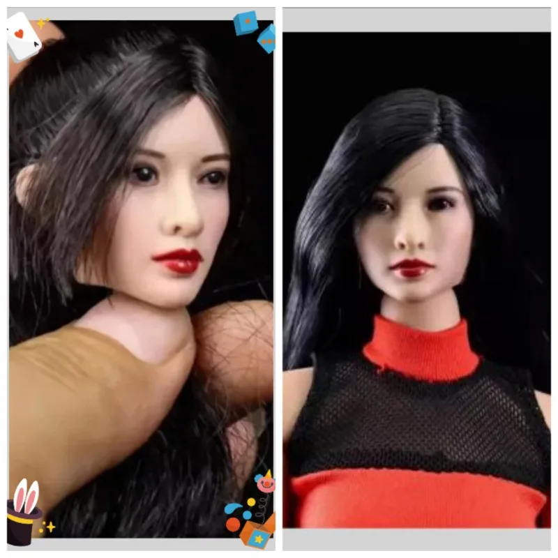 

1/6 Scale Soldier Asian Beauty Girl Head Sculpt Long Black Hair Head Carving Model for 12" Action Figure PH JO LD Body Doll