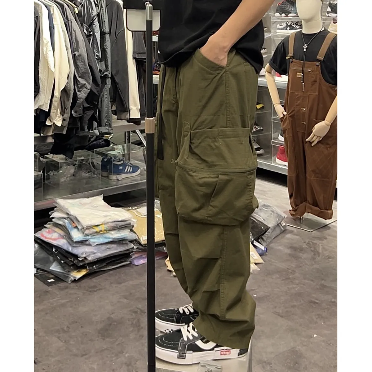 Amekaji Anti-Scratch Anti-Wrinkle National Fashion Japanese Western Mountain Cut Zipper Large Pocket Overalls Wide Leg Pants