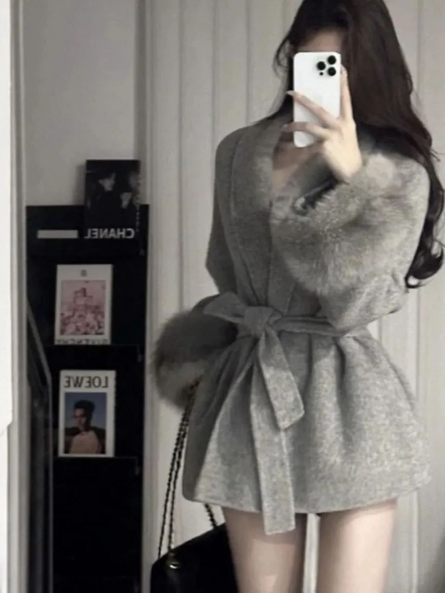 Elegant Grey Woolen Coat Women's Winter Stylish Belted Midi Coat Warmth Flattering Commute Pure E-commerce Exclusive
