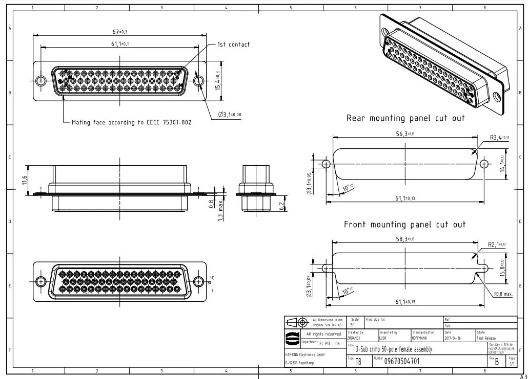 09670504701 HARTING D-Sub5 50-pin female connector crimp pins made of copper alloy