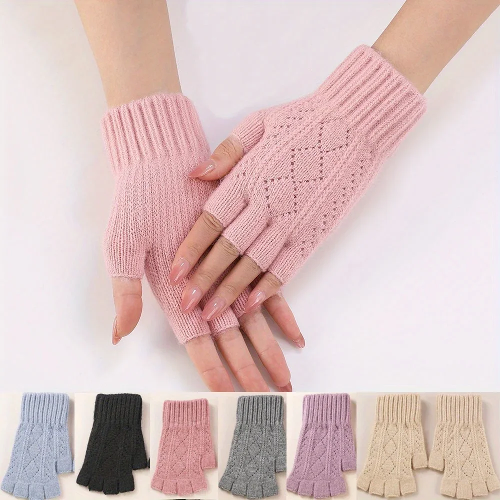 Mink Fleece Soft Winter Half Finger Gloves Women Warm Luxury Solid White Plush Knitted Fingerless Gloves Wrist Mittens Writting