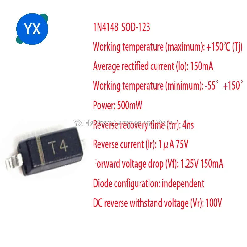 100PCS-1000PCS SMD 1206 Switching Diode100V 150mA 1N4148 Screen Printing T4 SOD-123