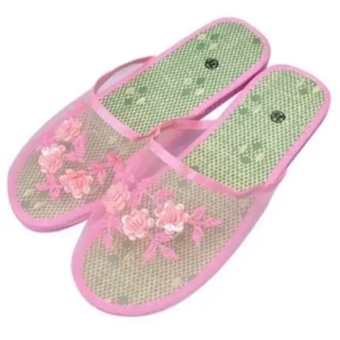 Women Indoor Slippers Sequin Flat Shoes Cool Lady Summer Hollow Mesh Beach Flip Flops Casual Baotou Creative Flower Mesh