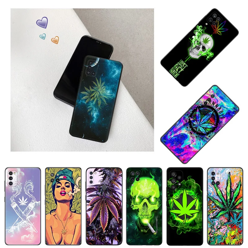 Black Matte Phone Case For Samsung A33 A32 A22 A23 A24 A34 A41 A42 A51 A52 A53 A54 A71 A72 A73 Abstractionism Trippy Weed Leaf