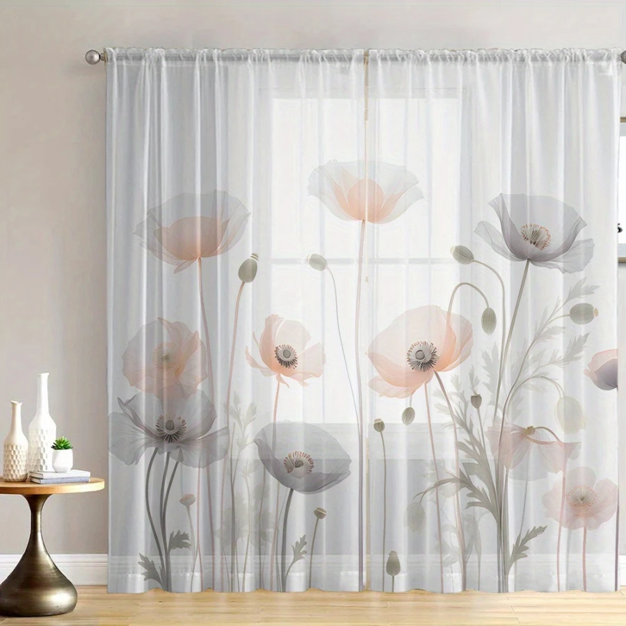 2PCS Digital Print Sheer Curtains, Light Color Poppy Flowers, Soft Delicate Floral Meadow for Bedroom Living Room Home Decor - view 5