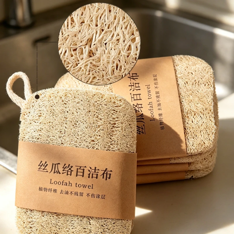 1/3/5/10 Piezas Esponja de Luffa Natural, Estropajo de Fibra Vegetal, Almohadilla para Lavar Platos, Quita Manchas de Aceite, Limpiador de Cocina Reutilizable con Cuerda