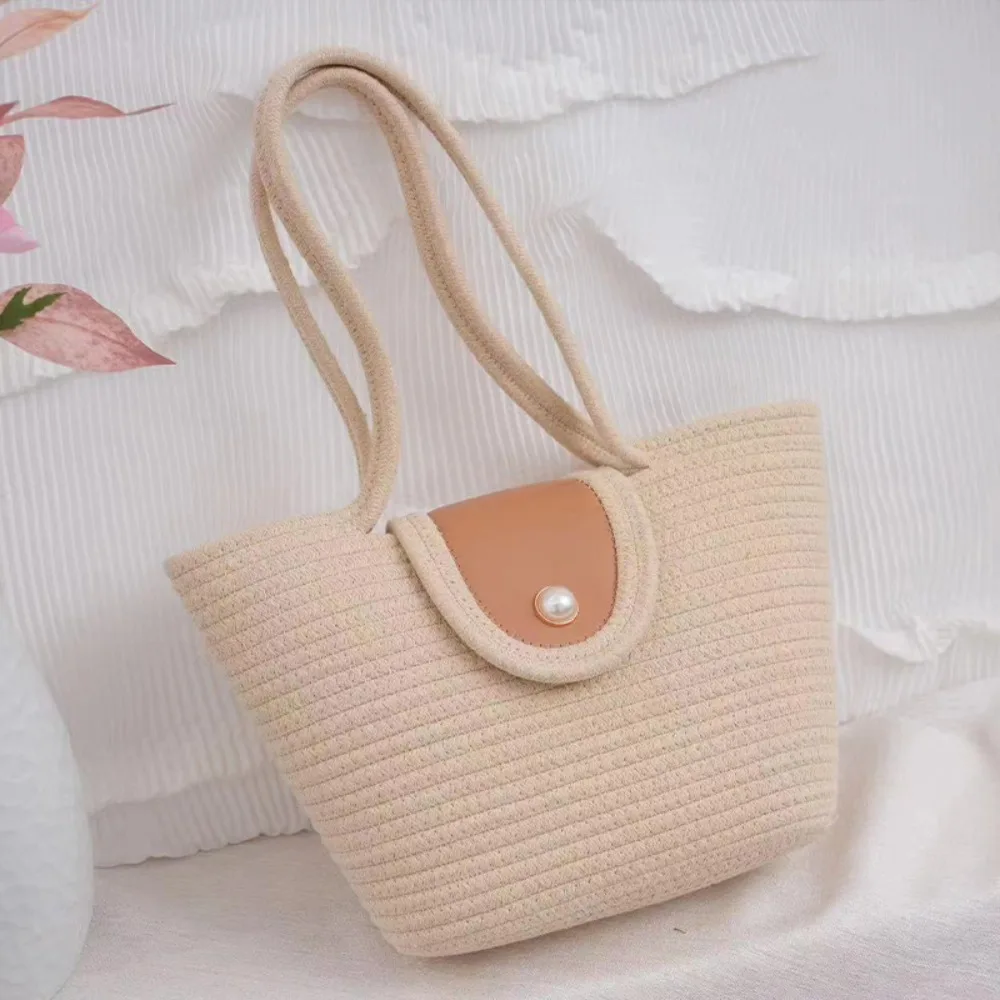 

Casual Sweet Braided Tote Bag Large Capacity Pearl Cotton Thread Woven Bag Cotton Rope French Style Beach Vacation Bag Holiday