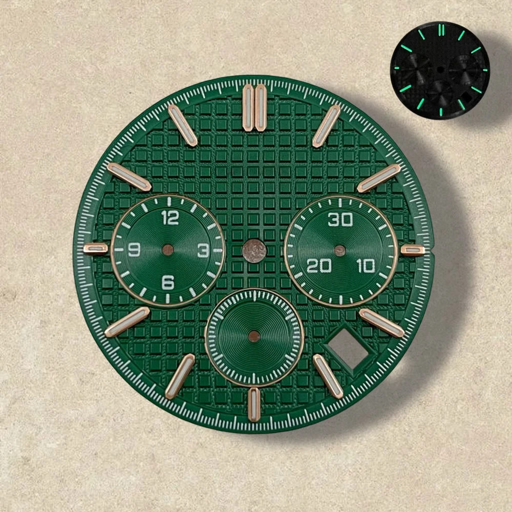 31.8 มม.S โลโก้ PANDA สามตา Dial Fit VK63 การเคลื่อนไหวสีเขียวส่องสว่างคุณภาพสูง Dial นาฬิกาการปรับเปลี่ยนอุปกรณ์เสริม
