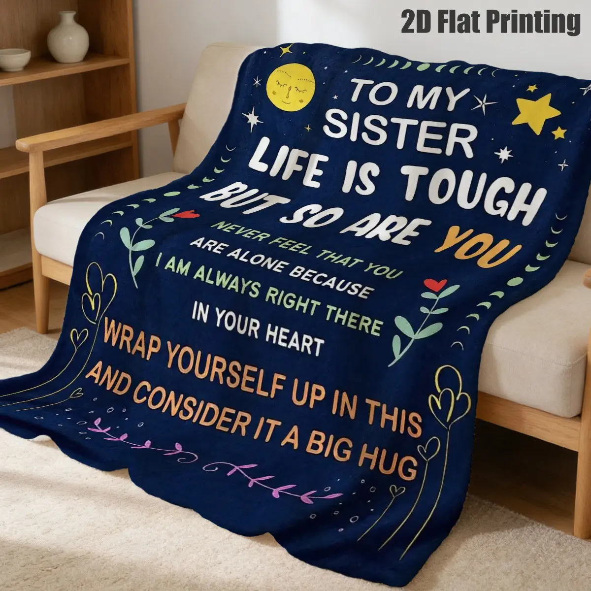 Sister Inspirational Quote Flannel Blanket Moon Star Heart Message Throw Blanket for Sofa Bed Couch Bedroom Living Room Sister Birthday Gift Home Decor Cozy Nap Blanket Office Travel Family Appreciation Bedding Friendship Gift Encouragement Room Accent