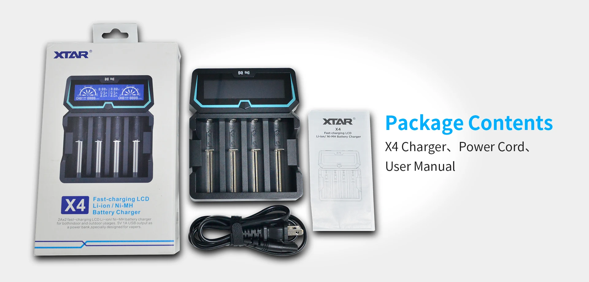 XTAR X4 Быстрое зарядное устройство с ЖК-дисплеем, зарядка 3,6/3,7 В 18750 26650 21700 18350 1,2 В AA AAA Зарядное устройство для аккумуляторной батареи