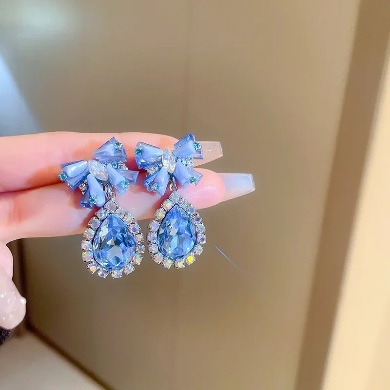 Minar Luxury Shiny Blue Color Crystal Rhinestones Bowknot Water Drop Earring for Women Hanging Dangle Earrings Bridal Jewelry