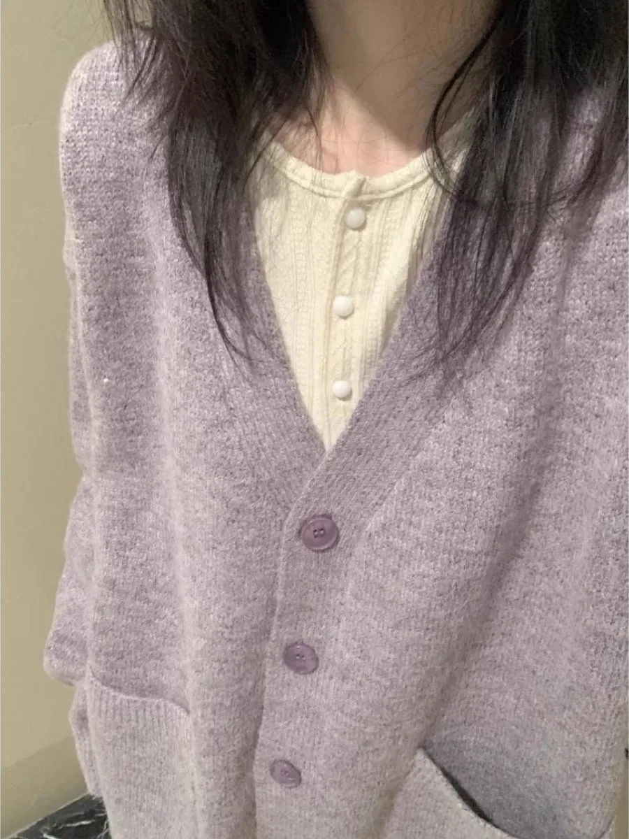 

Loose Purple Knitted Sweater Coat Women's V-neck Multi-piece Set Lazy Style Winter Fashion Outerwear Casual Top