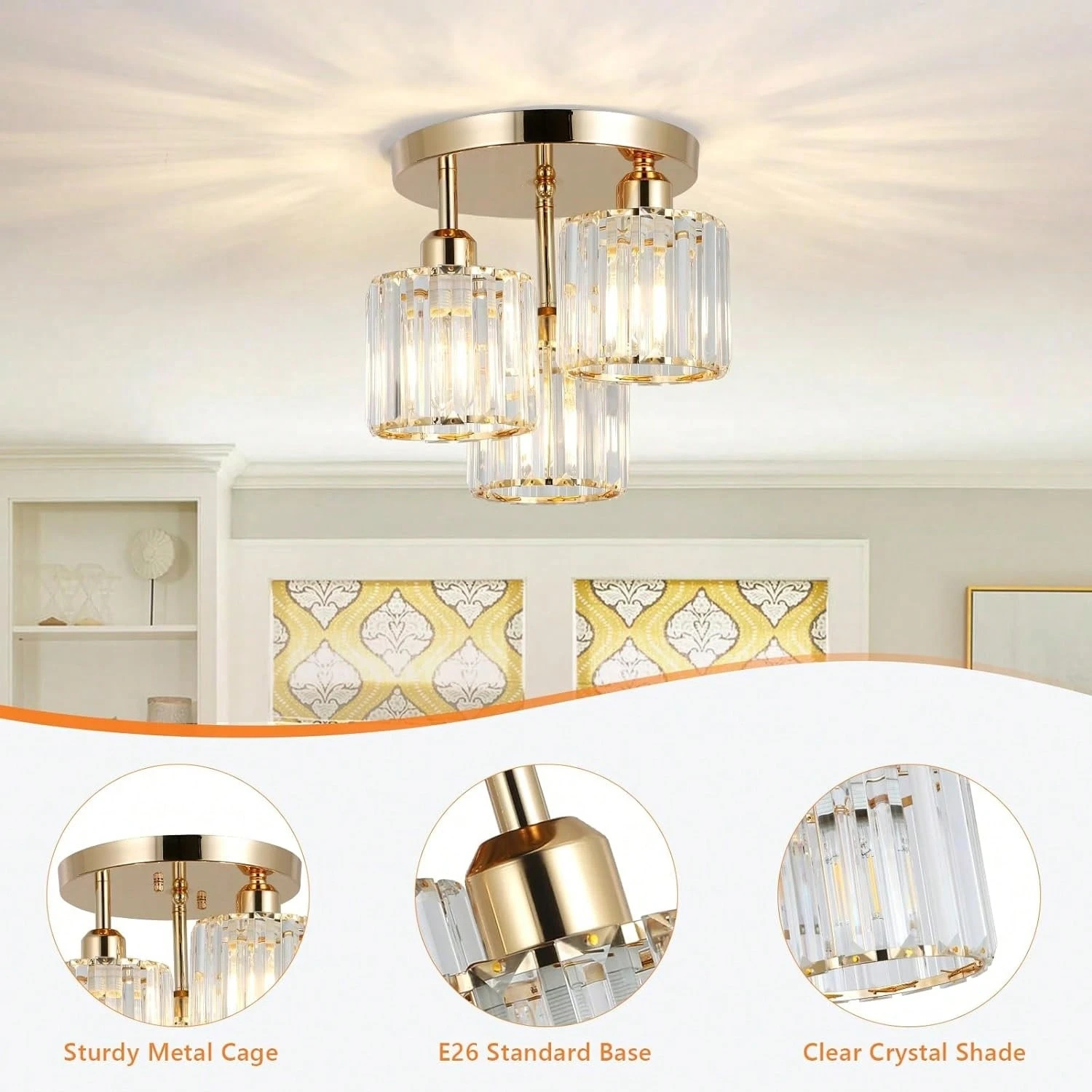 3-Light مصباح سقف حديث شبه فلوش جبل، زجاج كريستال ذهبي قريبًا إلى السقف تركيبة إضاءة لغرفة نوم المدخل والمطبخ