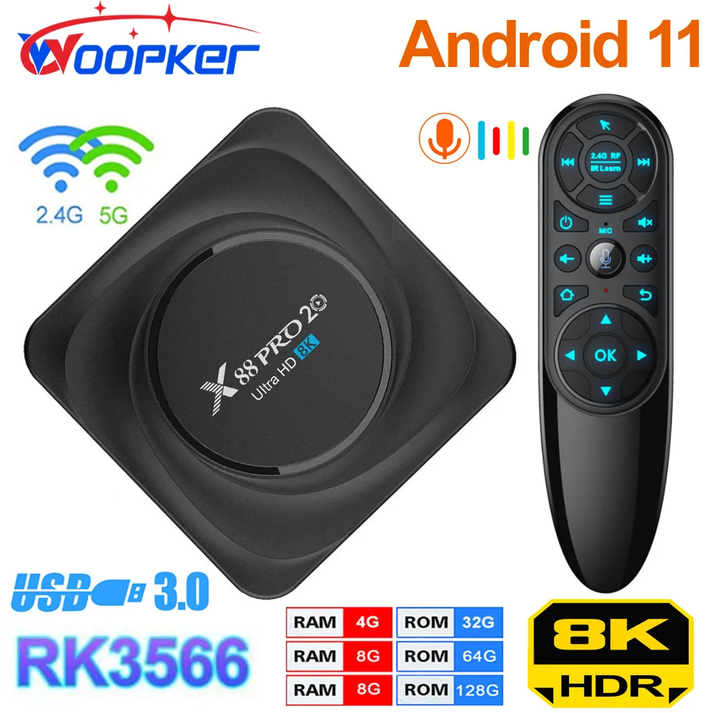 

Смарт ТВ-приставка Woopker RK3566, 8K, Android 11,0, двойной Wi-Fi, 2,4G/телефон, 8 ГБ ОЗУ, 128 Гб ПЗУ, 32 ГБ, 64 ГБ, X88 Pro 20, Bluetooth 4,2, телеприставка