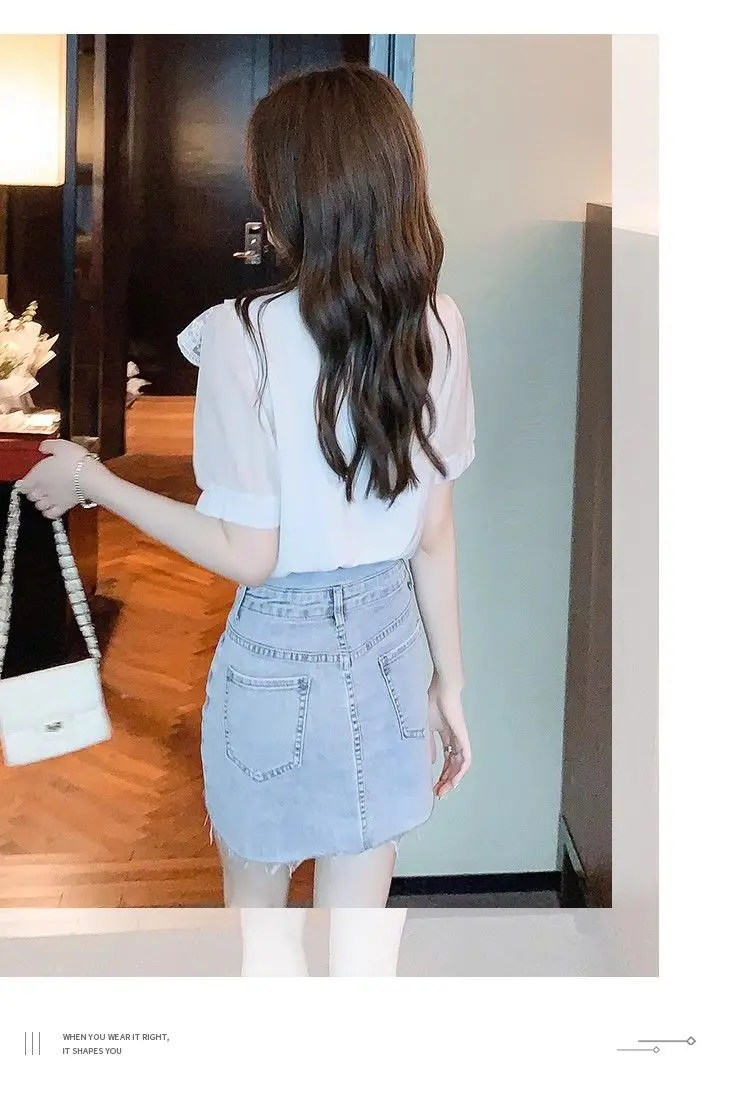 New Sweet and Elegant Lace Ruffled Solid Color V-neck Short-sleeved Chiffon Shirt Top