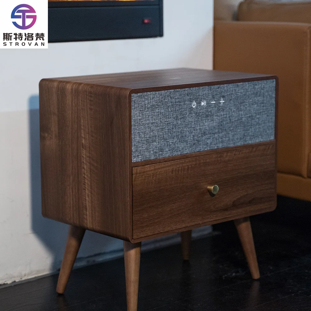 

Smart Speaker Wireless Charge Bedside Table Curved Edge Light Round Modern Brown Storage Night Stand Bedside Table