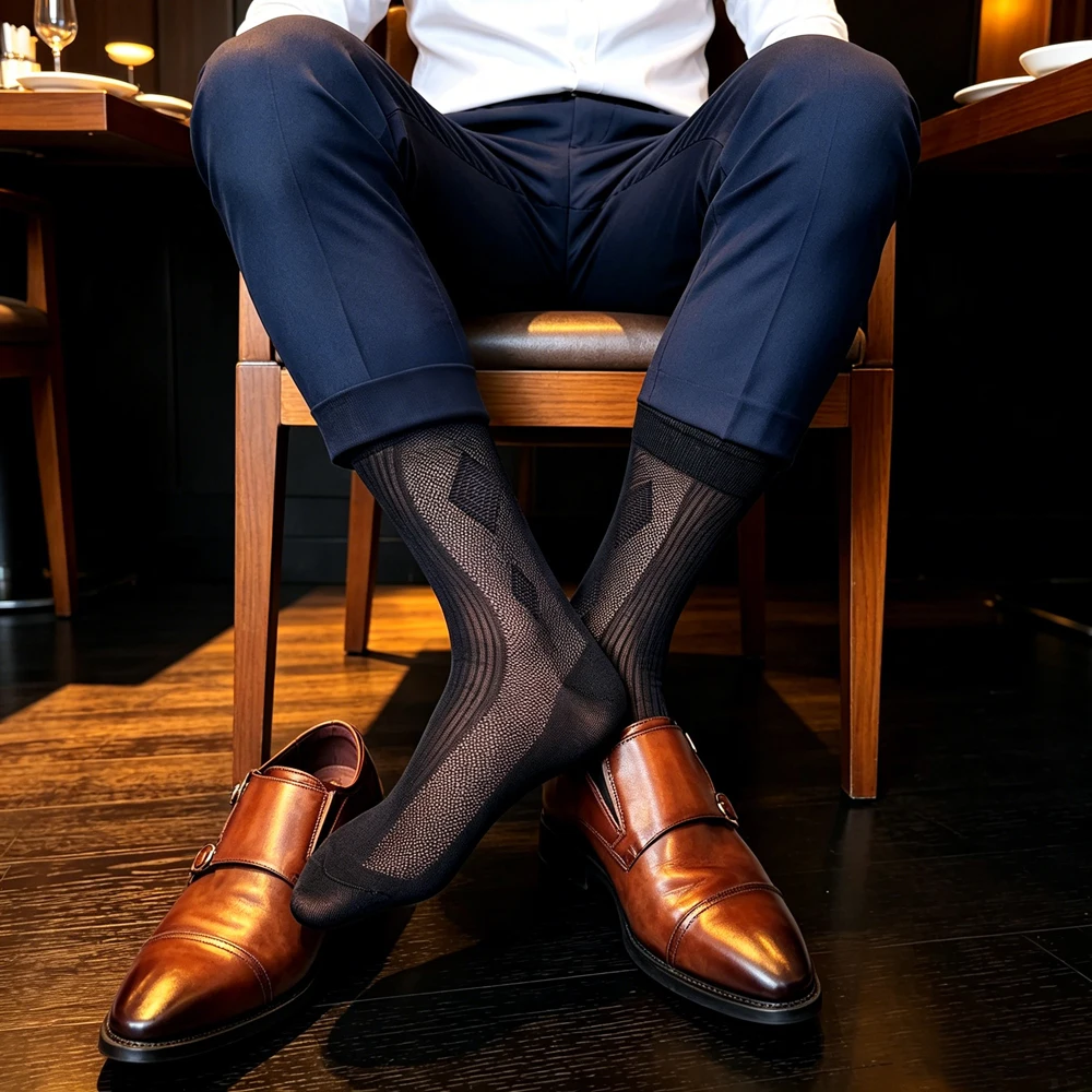 Men's Black Sheer Mesh Formal Dress Socks Breathable Elastic Business Socks Luxury Patterned Gentleman Hosiery for Suit Office