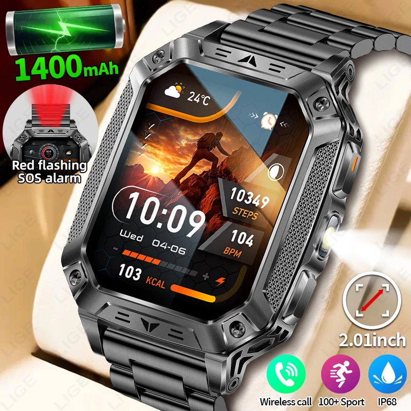 

Смарт-часы LIGE Military Rugged с аккумулятором 1400 мАч, водонепроницаемость IP68, для активного отдыха, с функциями SOS и фонарика, мужские смарт-часы-телефон