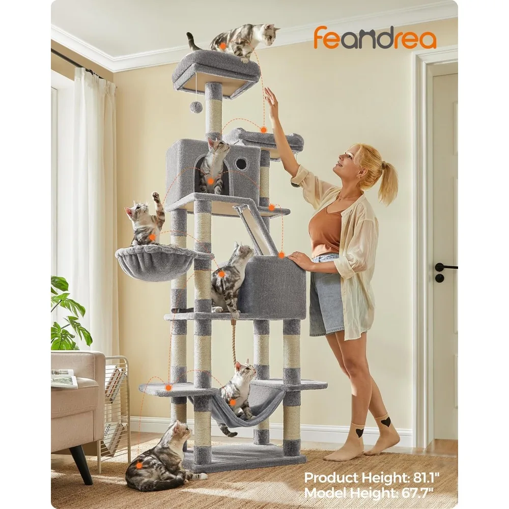 Cat Tree, 81.1-Inch Large Cat Tower with 13 Scratching Posts, 2 Perches, 2 Caves, Basket, Hammock, Pompoms