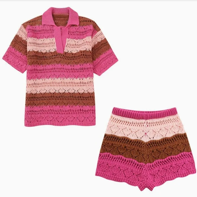 Ensemble pull tricoté rayé oversize et short taille haute pour femme, haut à manches courtes en crochet rayé et short Charm 0D15