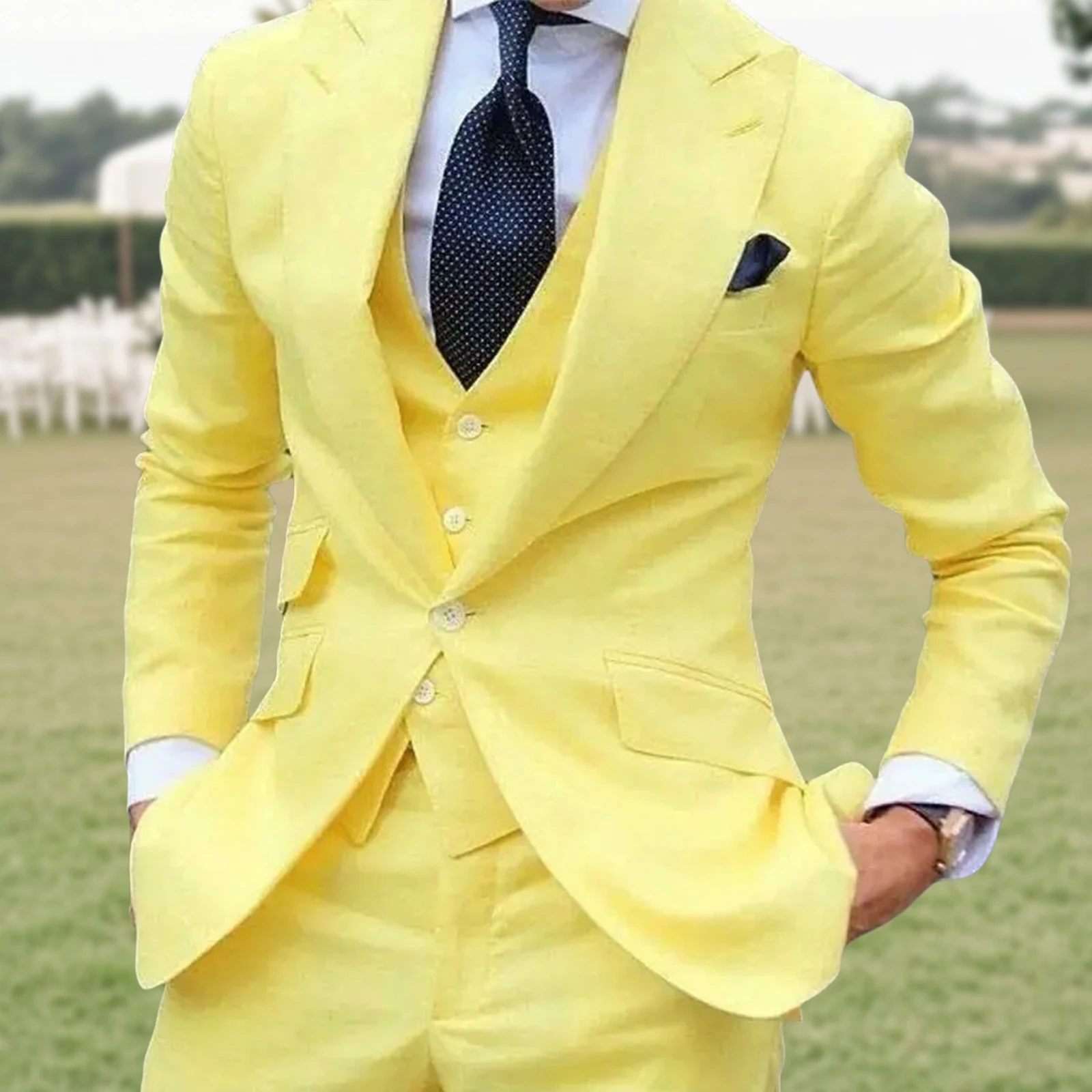 Beach Summer Linen Suit for Men Peaked Lapel Slim Fit Costume Homme 3 Pièces Casual Gilets Pour Hommes Tuexdo Blazers with Pants