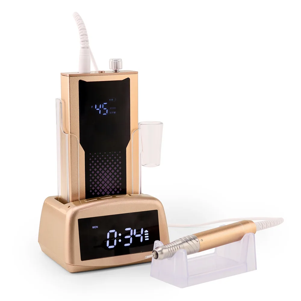 เครื่องเจียรเล็บไร้สายแบบพกพา 45000 รอบต่อนาที แบบไร้แปรงถ่าน ชาร์จไฟได้ 85 วัตต์ พร้อมฐานชาร์จแบบมีนาฬิกา