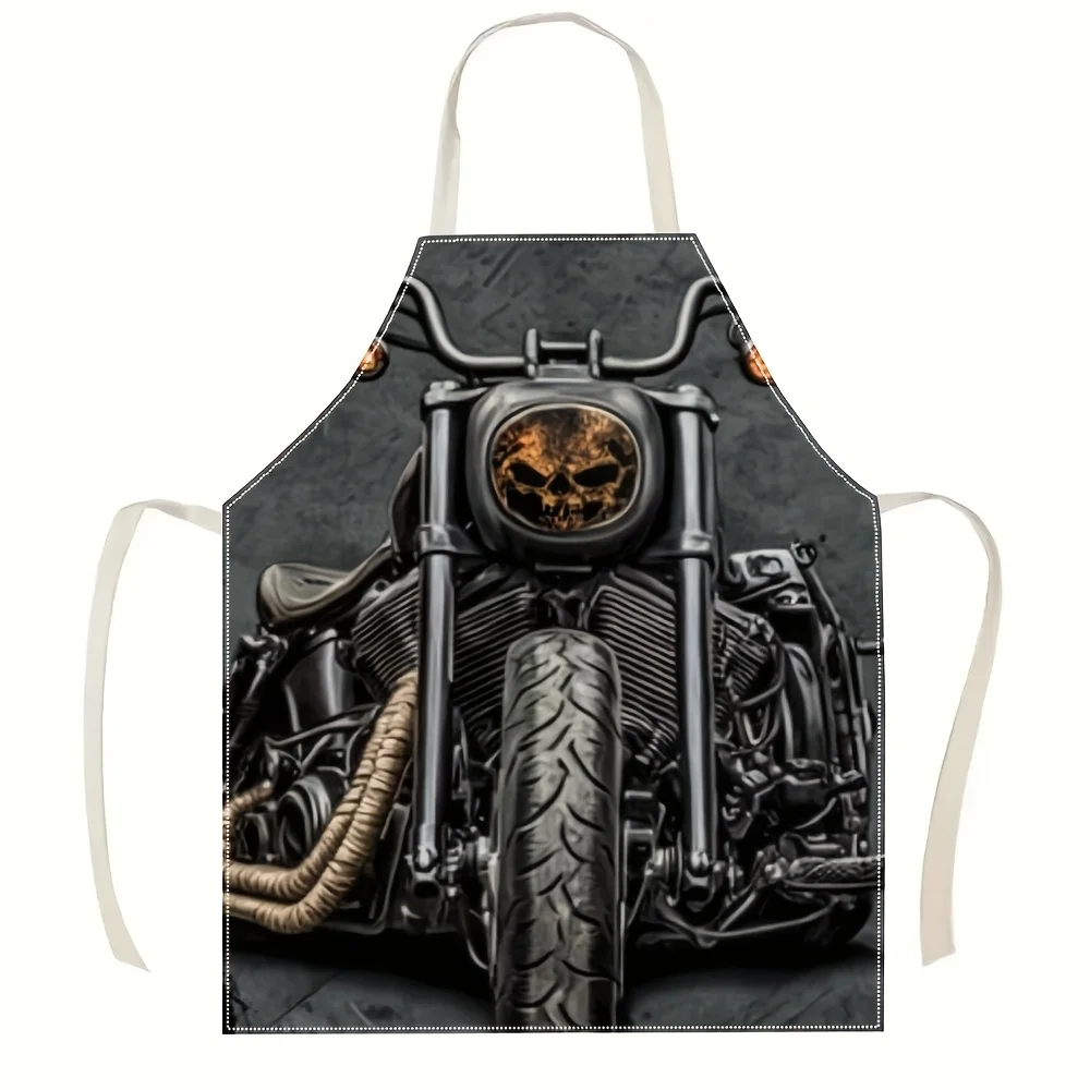 Linen Apron Biker Skull Motorcycle Design Men Gift Kitchen BBQ Grill Chef Accessory for Motorcycle Enthusiast