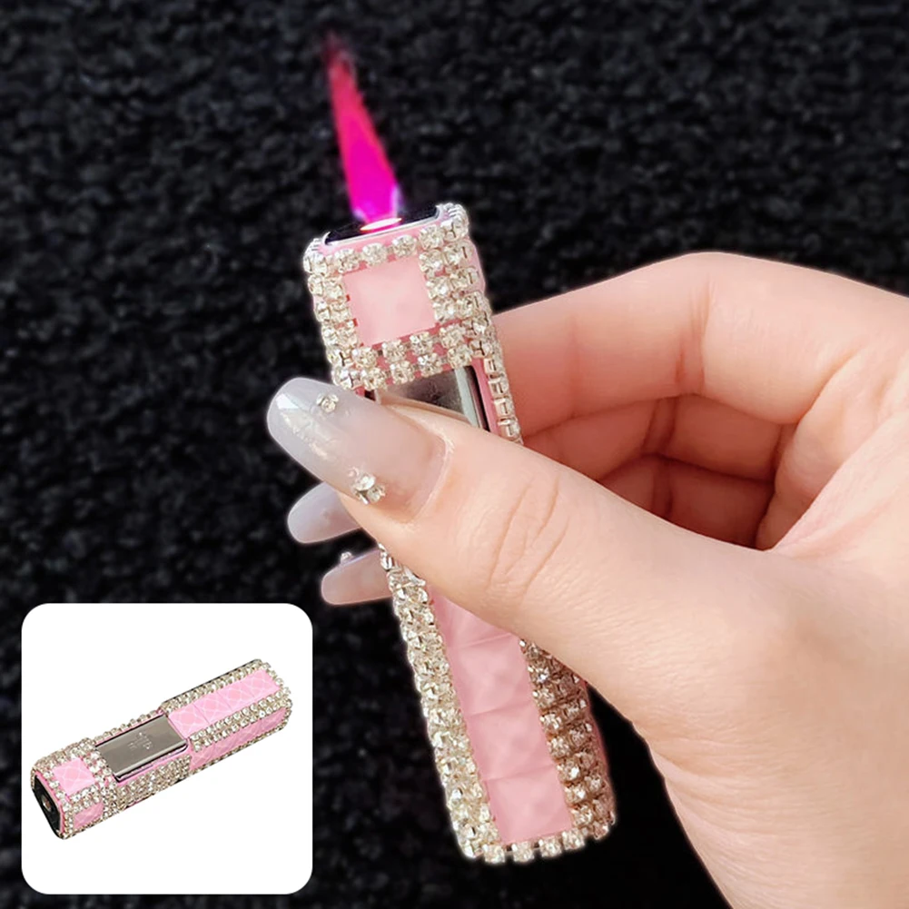Metal Torch Lighter Women Rhinestone Inlaid Red Jet-Flame Windproof Lighter Pocket Size for Candles Firework