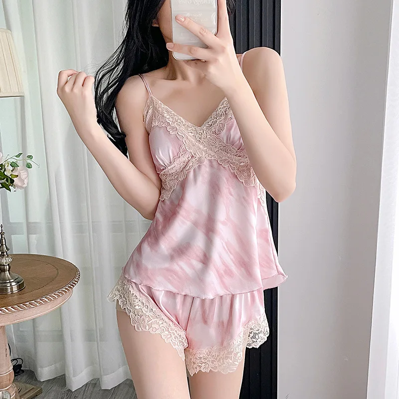 Summer Cami&Shorts Pajamas Loose Casual Home Clothes Sexy Satin Printed Sleepwear Female Pyjamas Intimate Lingerie Nightwear